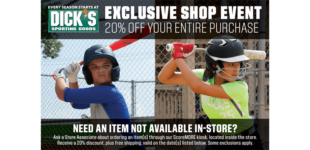 20% off at Dicks Sporting Goods 8/18-8/21