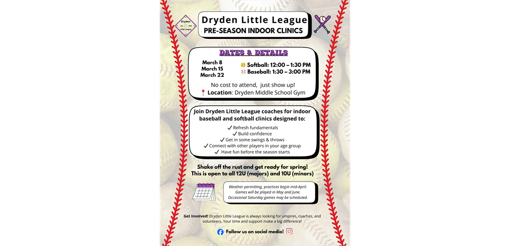 Dryden Little League Indoor Clinics in March
