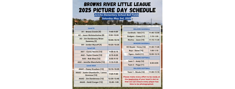 2025 Picture Schedule - May 3rd @ JES