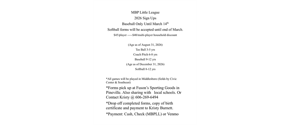 Middlesboro Pineville Bell County Little League photo
