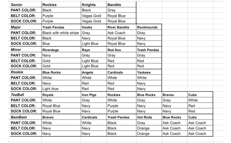 Pant/Sock/Belt Colors