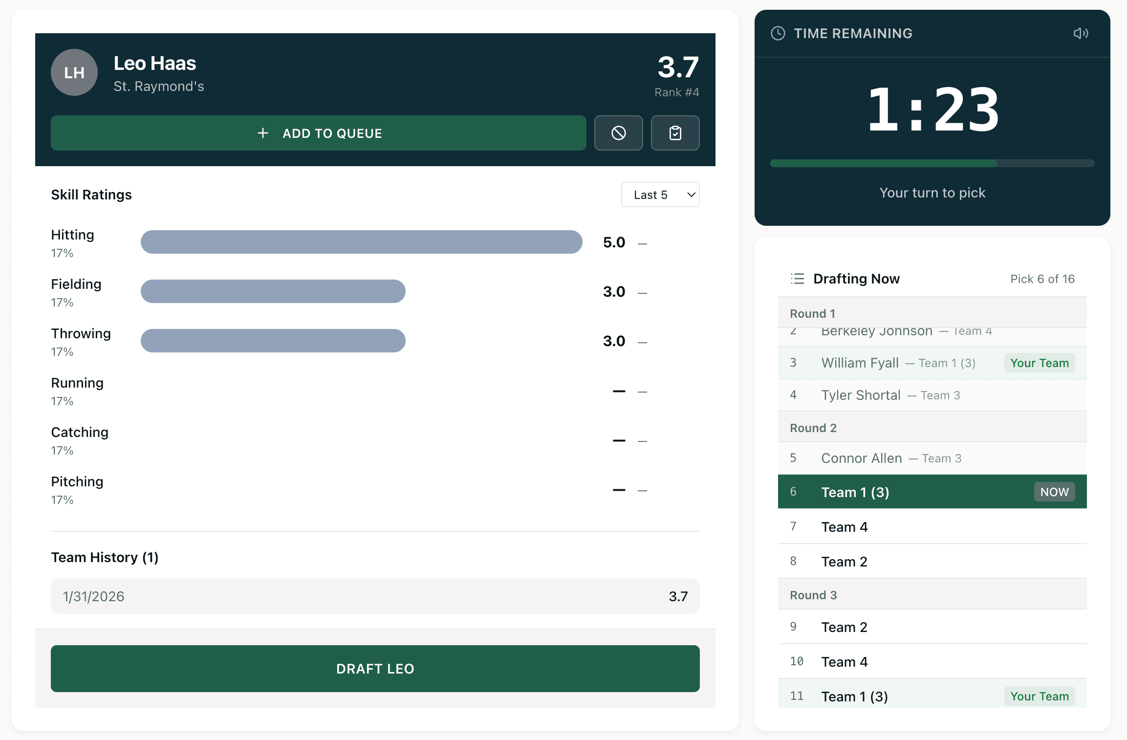 Fungo draft board on mobile showing live picks