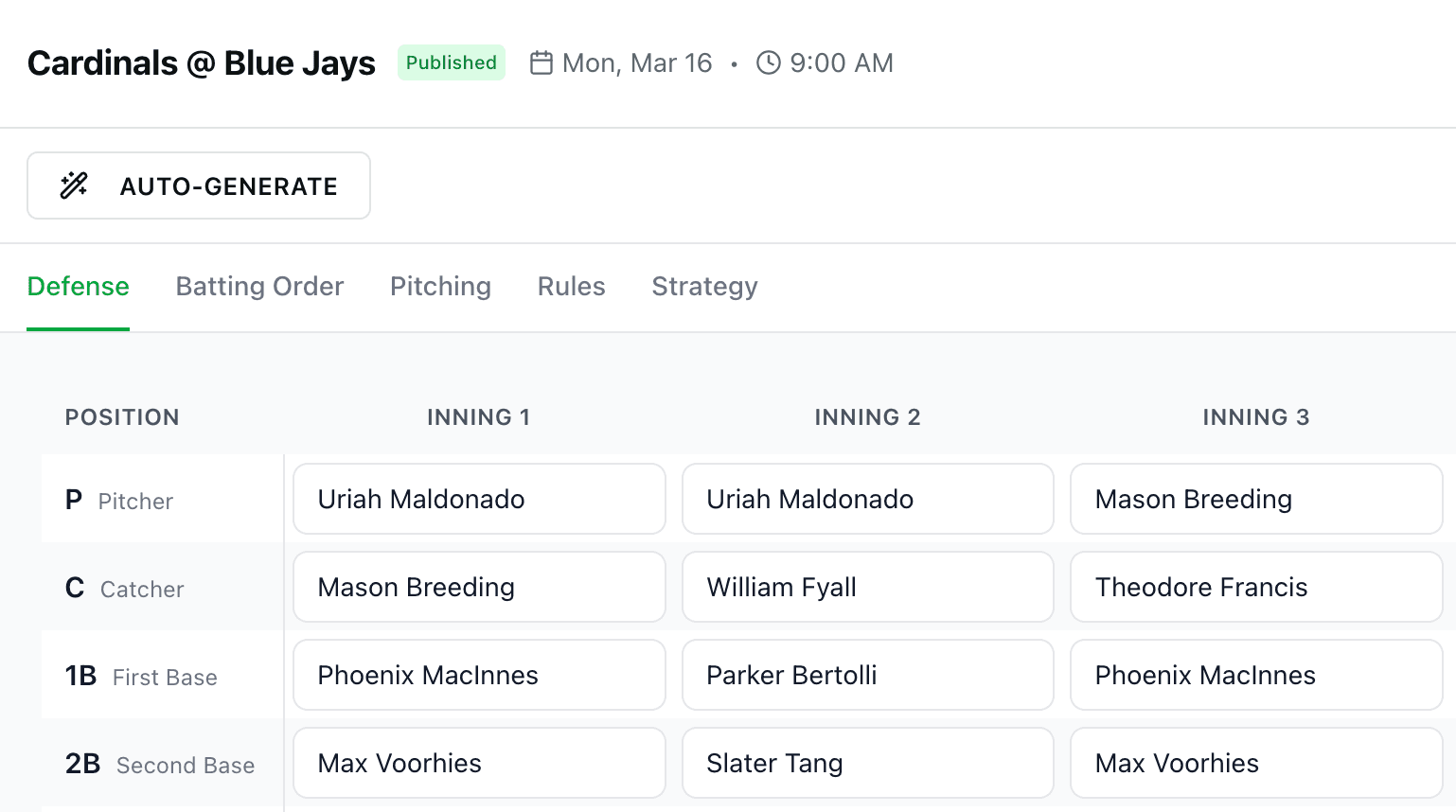 Fungo lineup builder showing batting order and positions