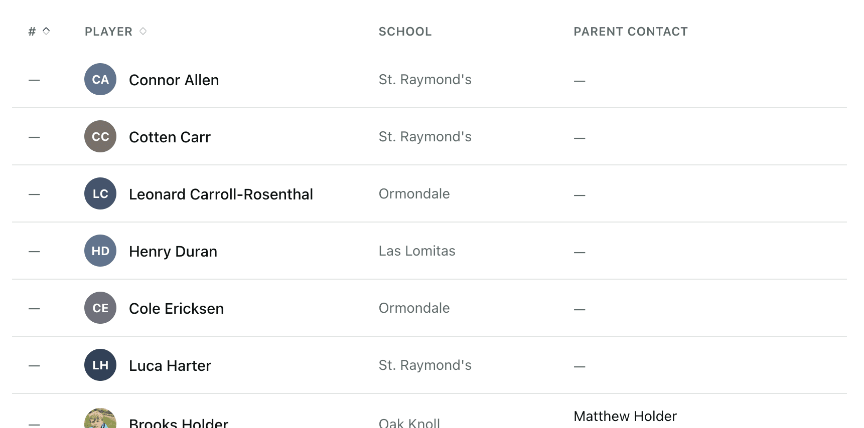 Team roster list with player details