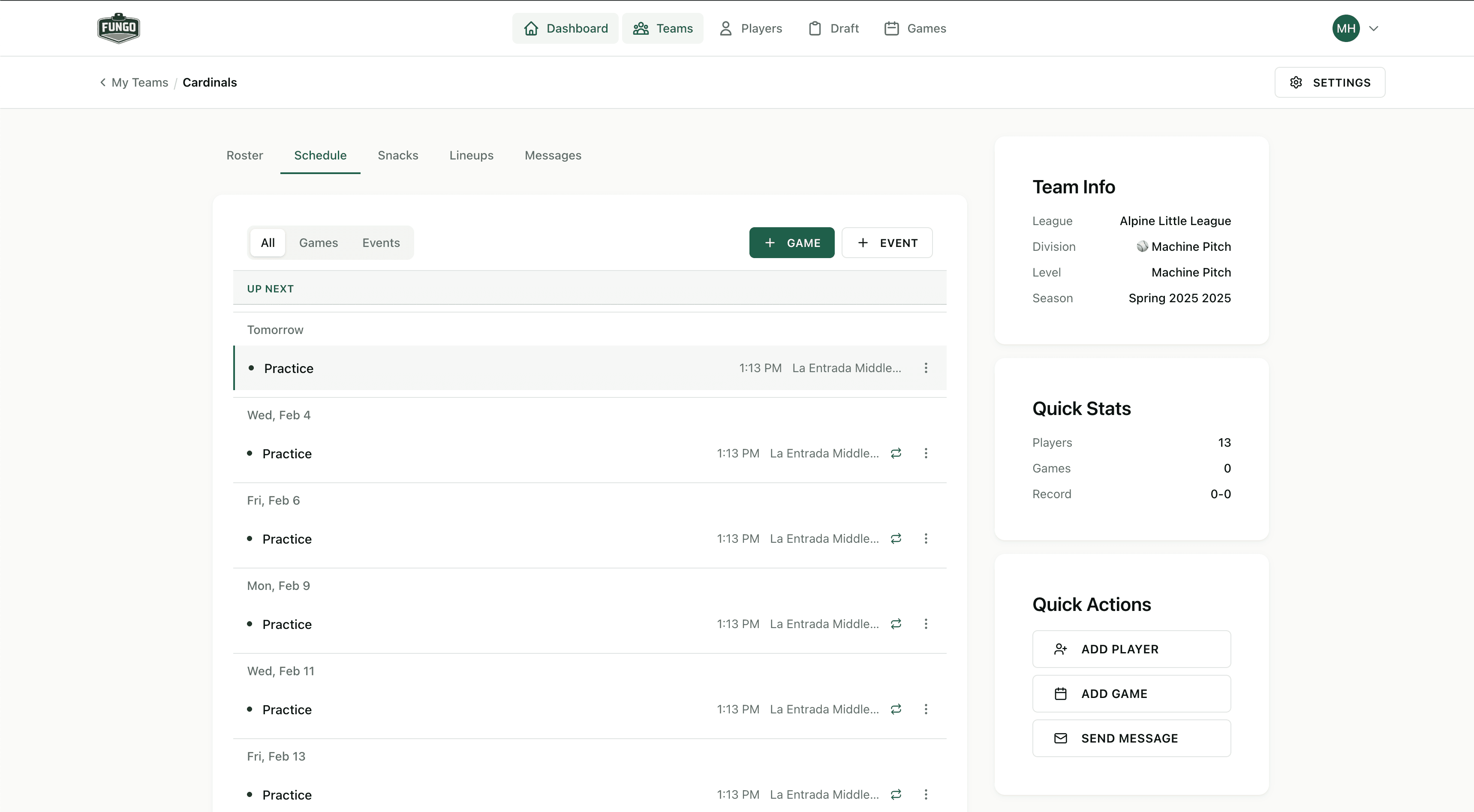 Parent portal showing team schedule and snack duty